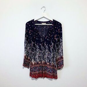 Artisan NY Woman's Long Sleeve Blouse V-neck Blue & Terra Cotta Boho Floral XL